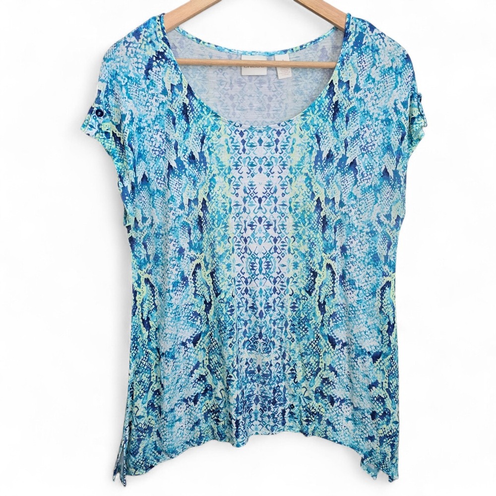 Chicos Top Womens 1 US Medium Blue Cap Sleeve Scoop Neck Printed‎ Tee Casual